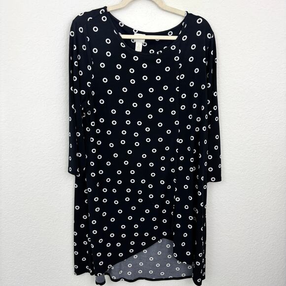 Chico's Womens Tunic Top Size L Circle Print 3/4 Sleeves Hi Low Hem Black - Picture 1 of 8